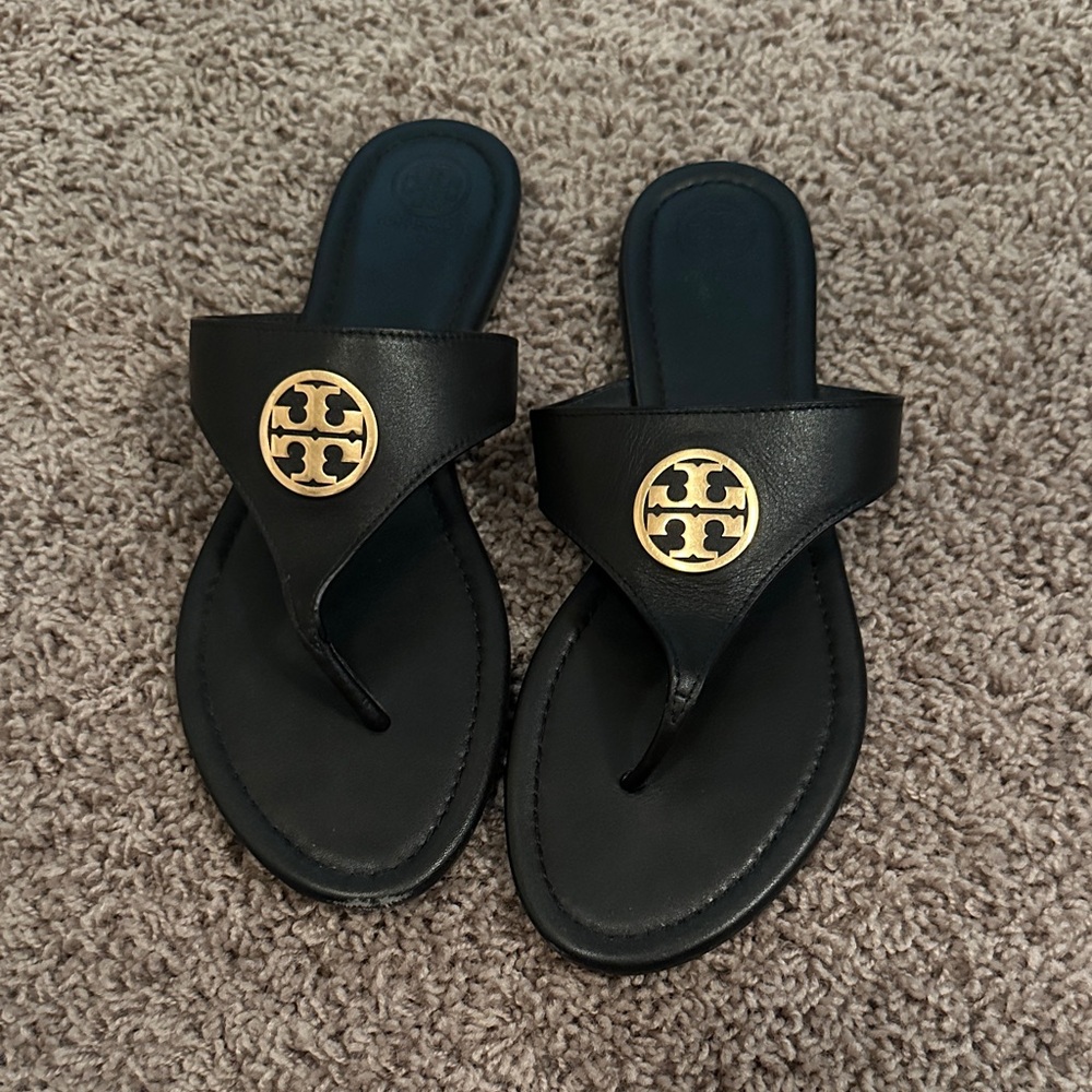 Tory Burch Black Sandals with Gold Emblem